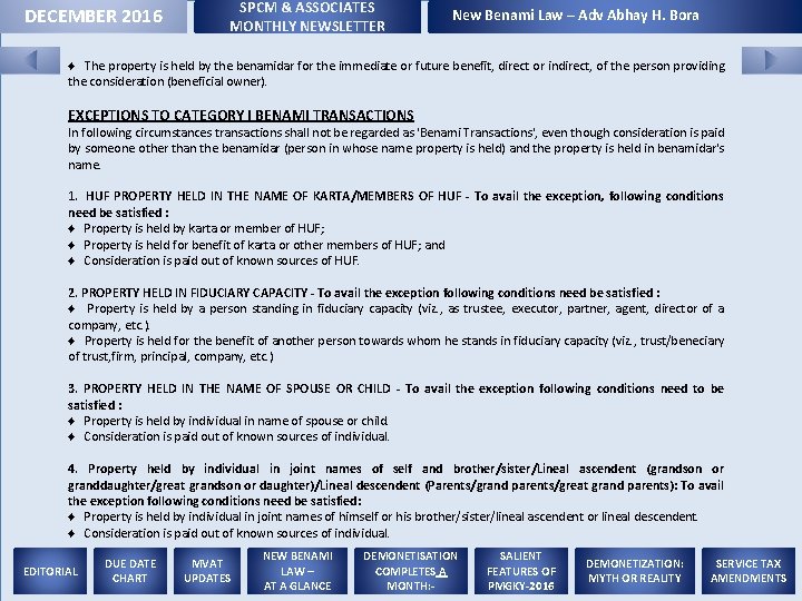 DECEMBER 2016 SPCM & ASSOCIATES MONTHLY NEWSLETTER New Benami Law – Adv Abhay H.