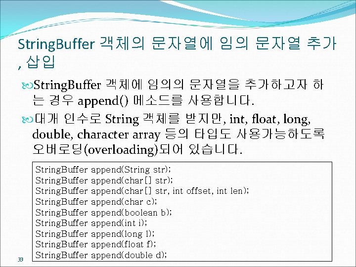 String. Buffer 객체의 문자열에 임의 문자열 추가 , 삽입 String. Buffer 객체에 임의의 문자열을