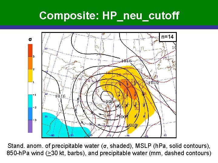 Composite: HP_neu_cutoff σ n=14 Stand. anom. of precipitable water (σ, shaded), MSLP (h. Pa,