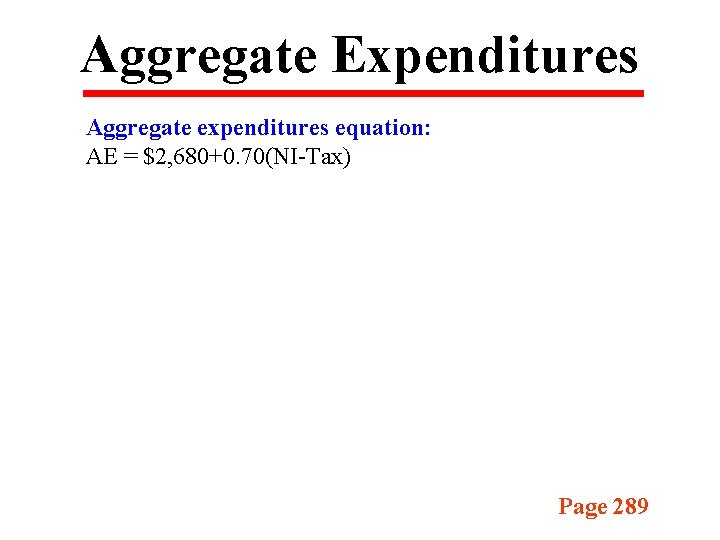 Aggregate Expenditures Aggregate expenditures equation: AE = $2, 680+0. 70(NI-Tax) Page 289 