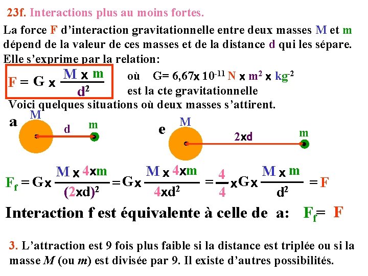 23 f. Interactions plus au moins fortes. La force F d’interaction gravitationnelle entre deux