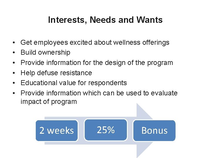 Interests, Needs and Wants • • • Get employees excited about wellness offerings Build