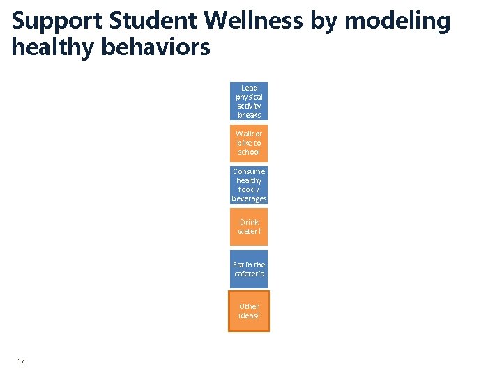 Support Student Wellness by modeling healthy behaviors Lead physical activity breaks Walk or bike