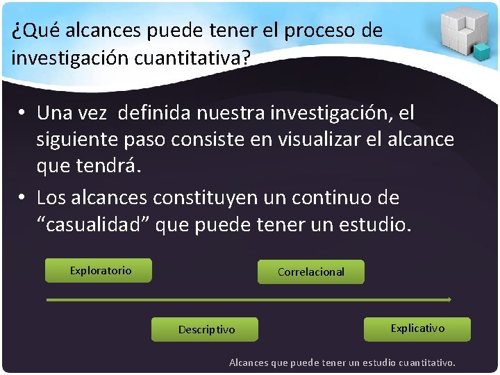¿Qué alcances puede tener el proceso de investigación cuantitativa? • Una vez definida nuestra