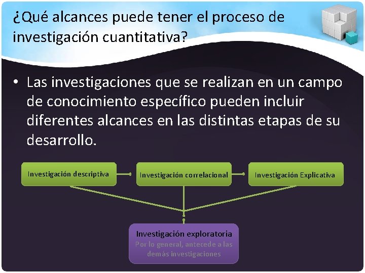 ¿Qué alcances puede tener el proceso de investigación cuantitativa? • Las investigaciones que se