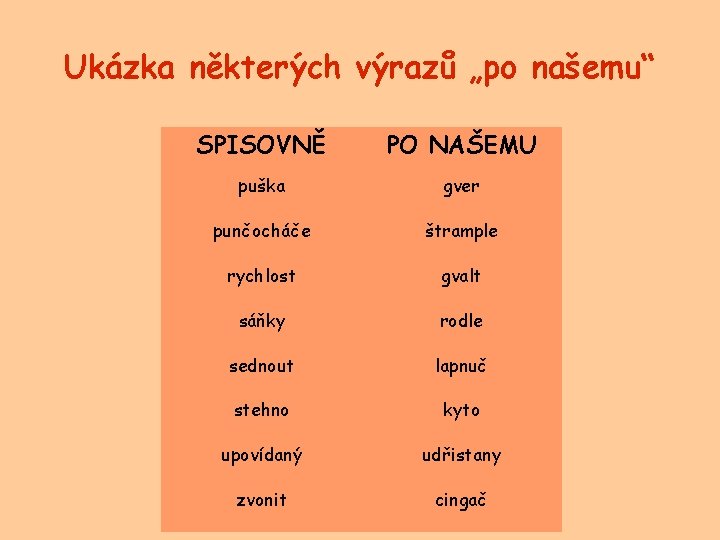 Ukázka některých výrazů „po našemu“ SPISOVNĚ PO NAŠEMU puška gver punčocháče štrample rychlost gvalt