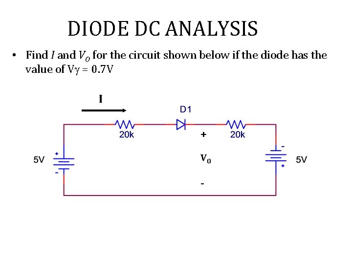 DIODE DC ANALYSIS • Find I and VO for the circuit shown below if