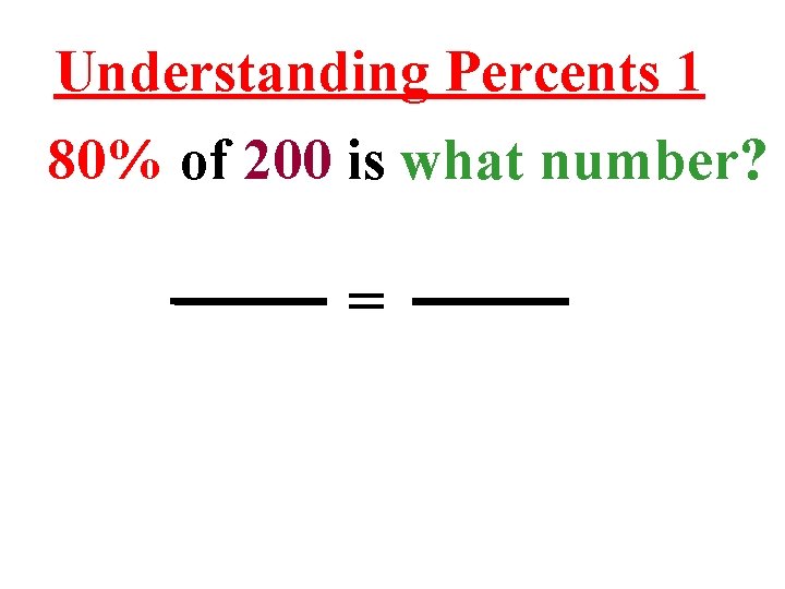 Understanding Percents 1 80% of 200 is what number? = 