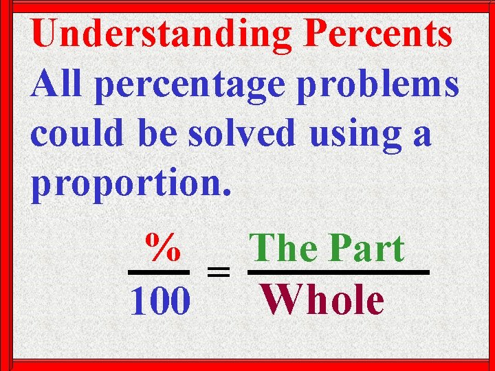 Understanding Percents All percentage problems could be solved using a proportion. % The Part