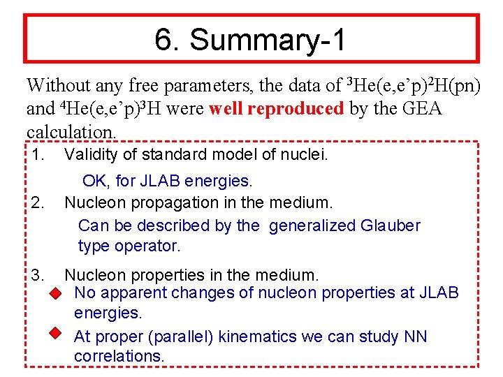 6. Summary-1 Without any free parameters, the data of 3 He(e, e’p)2 H(pn) and