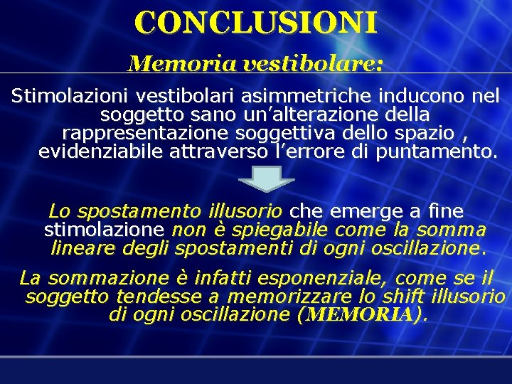 CONCLUSIONI Memoria vestibolare: Stimolazioni vestibolari asimmetriche inducono nel soggetto sano un’alterazione della rappresentazione soggettiva