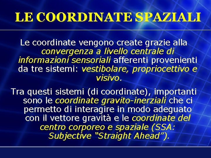 LE COORDINATE SPAZIALI Le coordinate vengono create grazie alla convergenza a livello centrale di