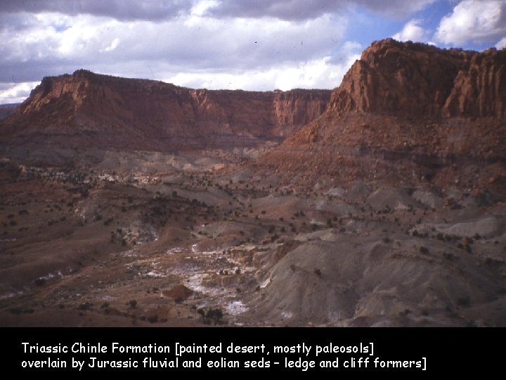 Triassic Chinle Formation [painted desert, mostly paleosols] overlain by Jurassic fluvial and eolian seds
