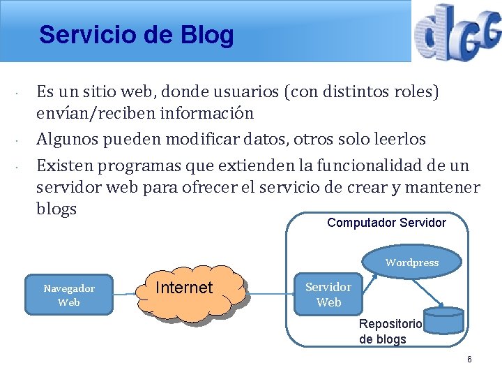 Servicio de Blog Es un sitio web, donde usuarios (con distintos roles) envían/reciben información