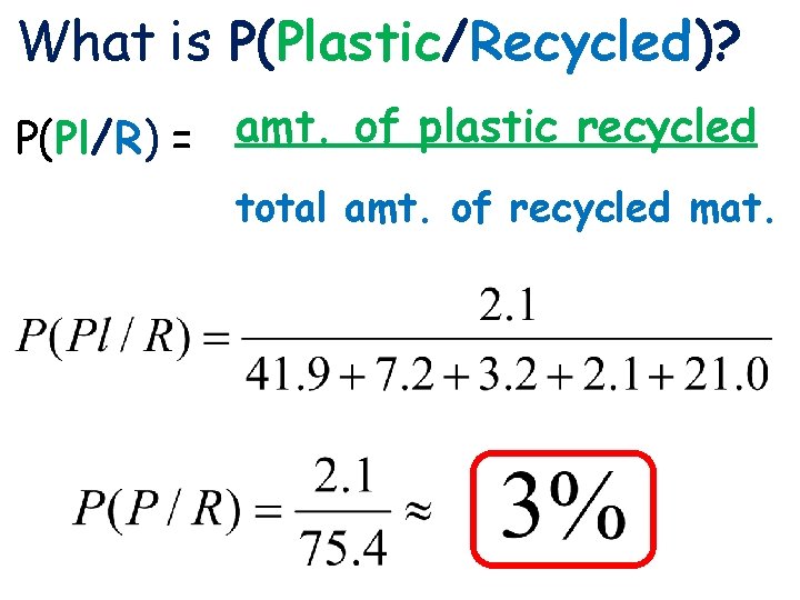 Lines and Angles 3 -1 What is P(Plastic/Recycled)? P(Pl/R) = amt. of plastic recycled