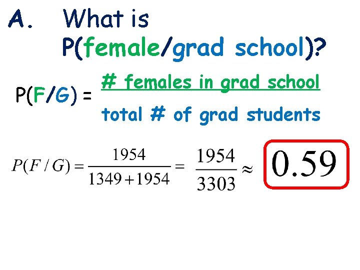 Lines and Angles 3 -1 A. What is P(female/grad school)? P(F/G) = Holt Geometry