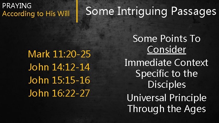 PRAYING According to His Will Some Intriguing Passages Mark 11: 20 -25 John 14: