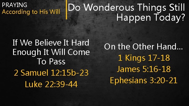 PRAYING According to His Will Do Wonderous Things Still Happen Today? If We Believe