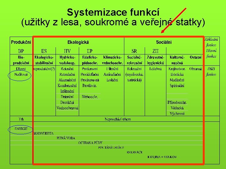 Systemizace funkcí (užitky z lesa, soukromé a veřejné statky) 
