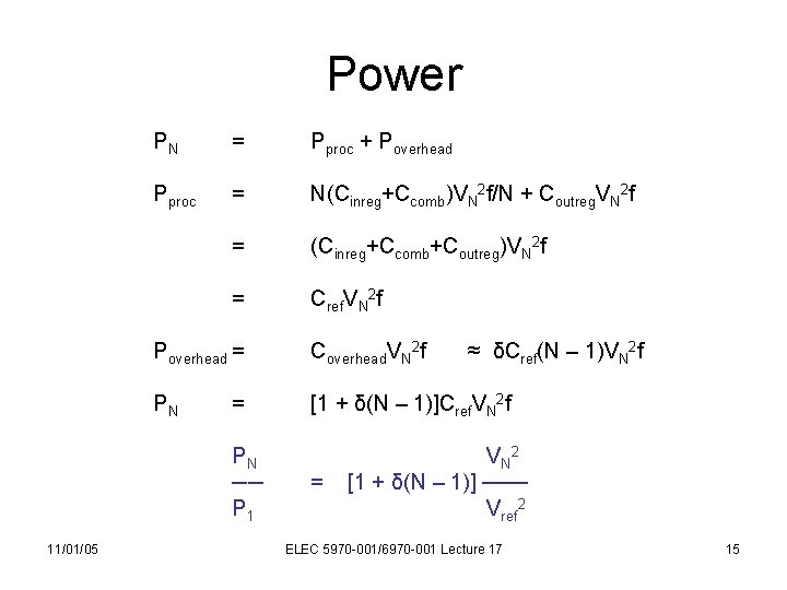 Power PN = Pproc + Poverhead Pproc = N(Cinreg+Ccomb)VN 2 f/N + Coutreg. VN