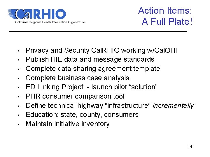 Action Items: A Full Plate! • • • Privacy and Security Cal. RHIO working