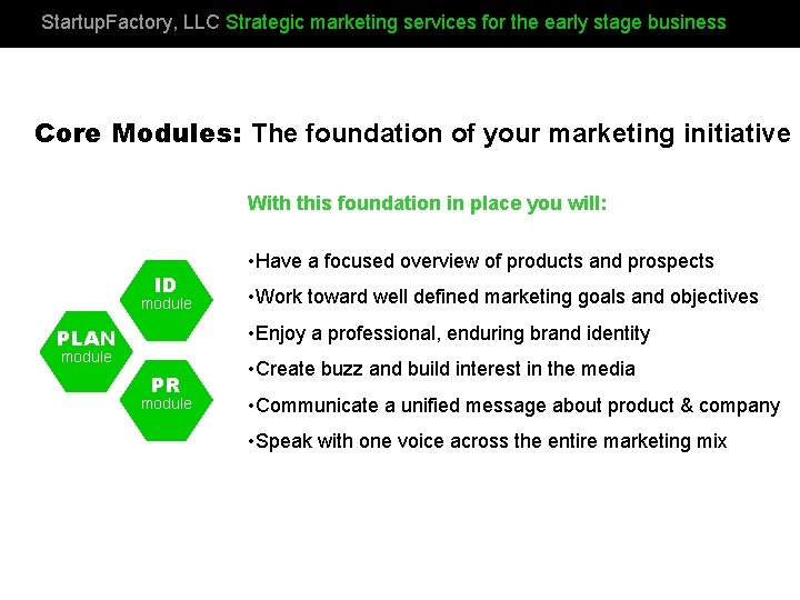 Startup. Factory, LLC Strategic marketing services for the early stage business Core Modules: The