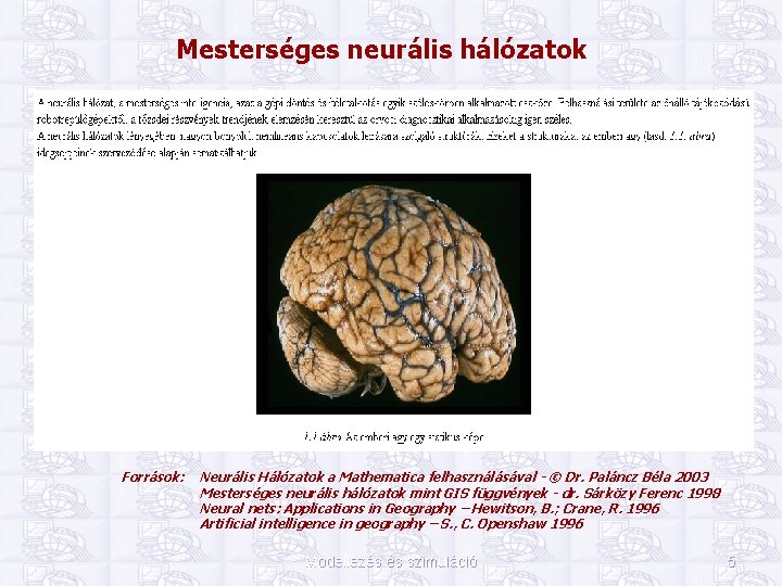 Mesterséges neurális hálózatok Források: Neurális Hálózatok a Mathematica felhasználásával - © Dr. Paláncz Béla