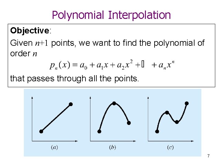 Polynomial Interpolation Objective: Given n+1 points, we want to find the polynomial of order