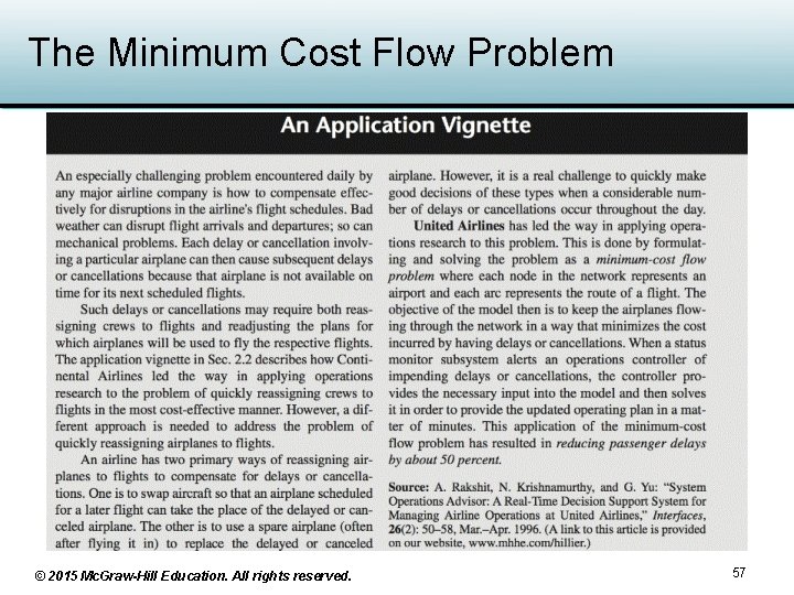 The Minimum Cost Flow Problem © 2015 Mc. Graw-Hill Education. All rights reserved. 57 The Minimum Cost Flow Problem © 2015 Mc. Graw-Hill Education. All rights reserved. 57