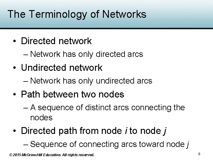 The Terminology of Networks • Directed network – Network has only directed arcs • The Terminology of Networks • Directed network – Network has only directed arcs •