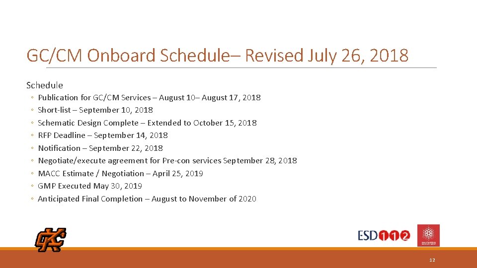 GC/CM Onboard Schedule– Revised July 26, 2018 Schedule ◦ ◦ ◦ ◦ ◦ Publication