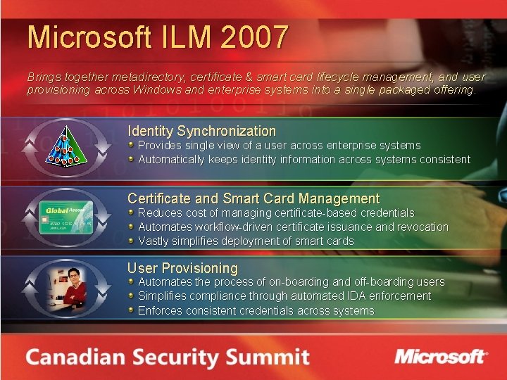 Microsoft ILM 2007 Brings together metadirectory, certificate & smart card lifecycle management, and user