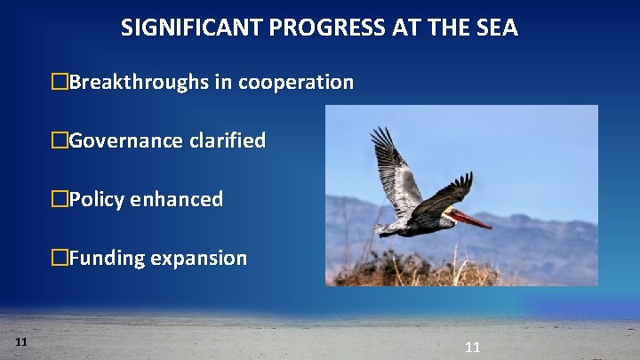 SIGNIFICANT PROGRESS AT THE SEA �Breakthroughs in cooperation �Governance clarified �Policy enhanced �Funding expansion