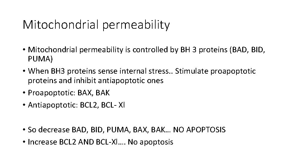 Mitochondrial permeability • Mitochondrial permeability is controlled by BH 3 proteins (BAD, BID, PUMA)