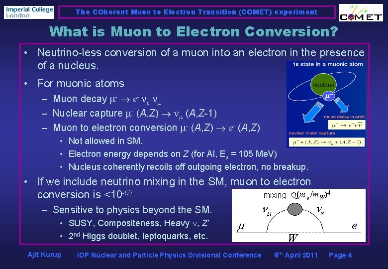 The COherent Muon to Electron Transition (COMET) experiment What is Muon to Electron Conversion?