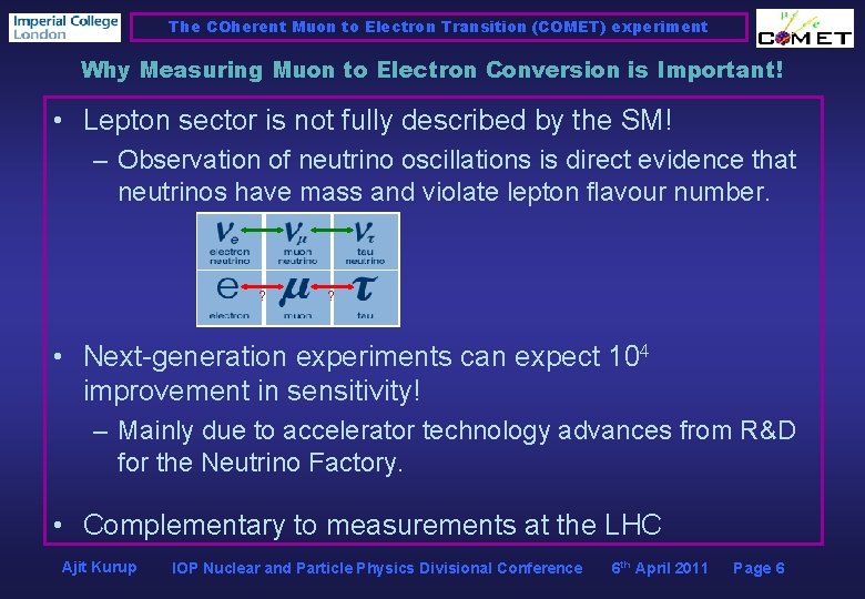 The COherent Muon to Electron Transition (COMET) experiment Why Measuring Muon to Electron Conversion