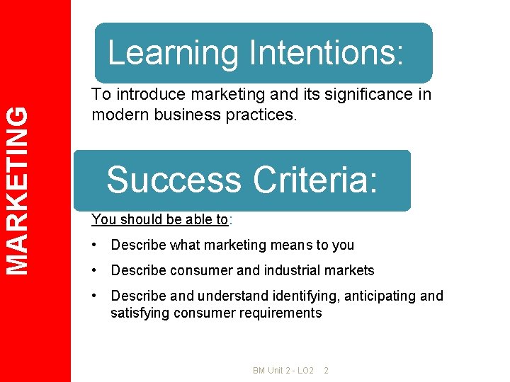 MARKETING Learning Intentions: To introduce marketing and its significance in modern business practices. Success