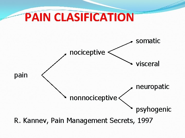PAIN CLASIFICATION somatic nociceptive visceral pain neuropatic nonnociceptive psyhogenic R. Kannev, Pain Management Secrets,