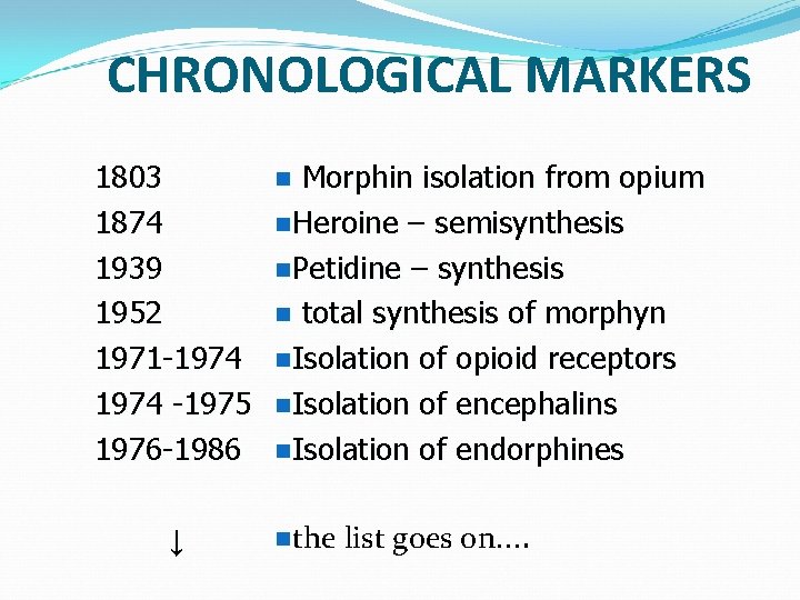 CHRONOLOGICAL MARKERS 1803 1874 1939 1952 1971 -1974 -1975 1976 -1986 ↓ Morphin isolation