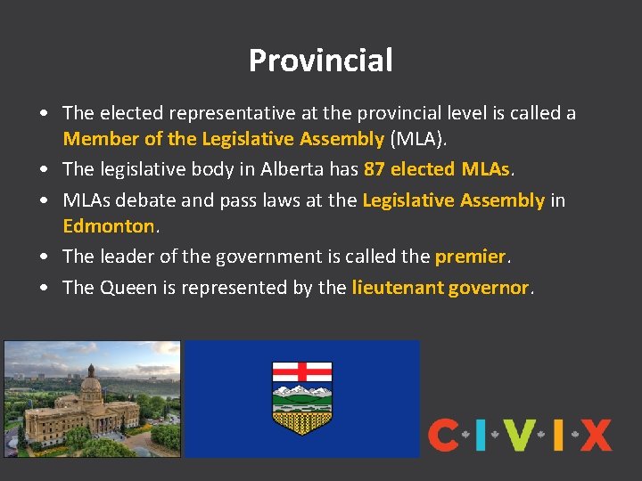 Provincial • The elected representative at the provincial level is called a Member of