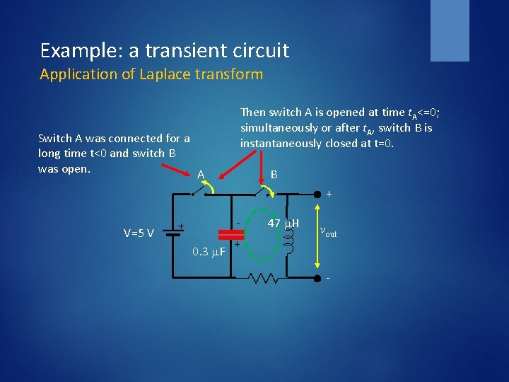 Example: a transient circuit Application of Laplace transform Then switch A is opened at