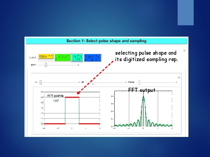 selecting pulse shape and its digitized sampling rep. FFT output 