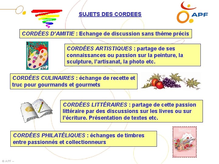 SUJETS DES CORDEES CORDÉES D’AMITIE : Echange de discussion sans thème précis CORDÉES ARTISTIQUES