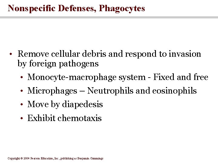 Nonspecific Defenses, Phagocytes • Remove cellular debris and respond to invasion by foreign pathogens Nonspecific Defenses, Phagocytes • Remove cellular debris and respond to invasion by foreign pathogens