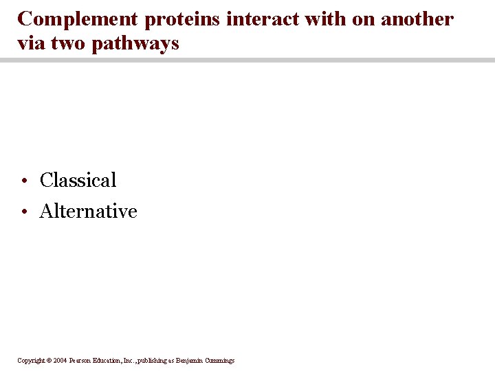 Complement proteins interact with on another via two pathways • Classical • Alternative Copyright Complement proteins interact with on another via two pathways • Classical • Alternative Copyright
