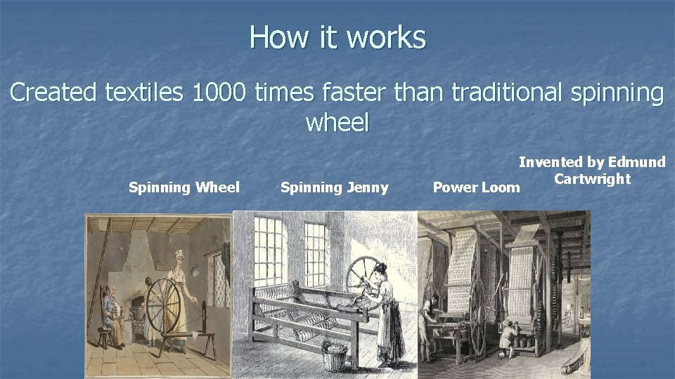 How it works Created textiles 1000 times faster than traditional spinning wheel Spinning Wheel