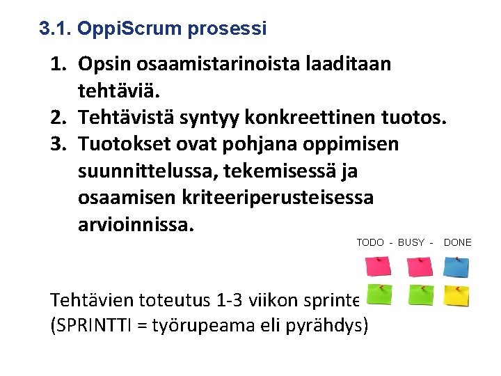 3. 1. Oppi. Scrum prosessi 1. Opsin osaamistarinoista laaditaan tehtäviä. 2. Tehtävistä syntyy konkreettinen 3. 1. Oppi. Scrum prosessi 1. Opsin osaamistarinoista laaditaan tehtäviä. 2. Tehtävistä syntyy konkreettinen