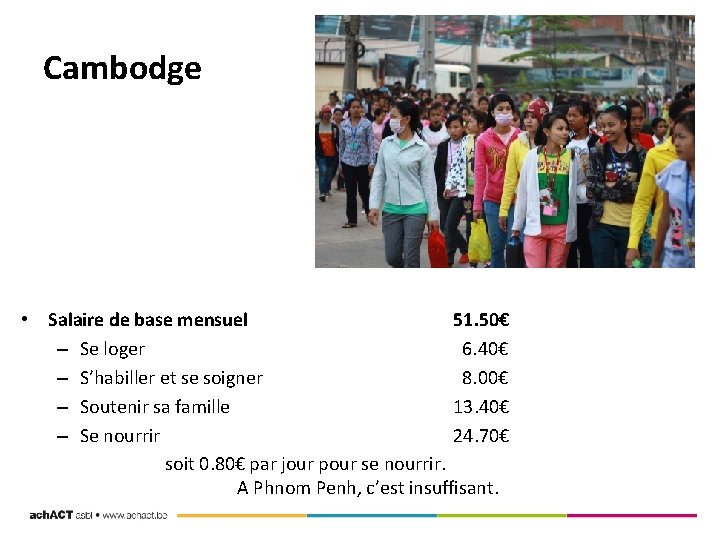 Cambodge • Salaire de base mensuel 51. 50€ – Se loger 6. 40€ –