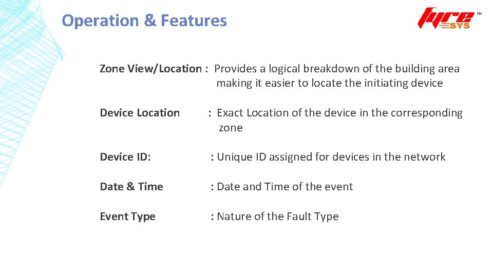 Operation & Features Zone View/Location : Provides a logical breakdown of the building area