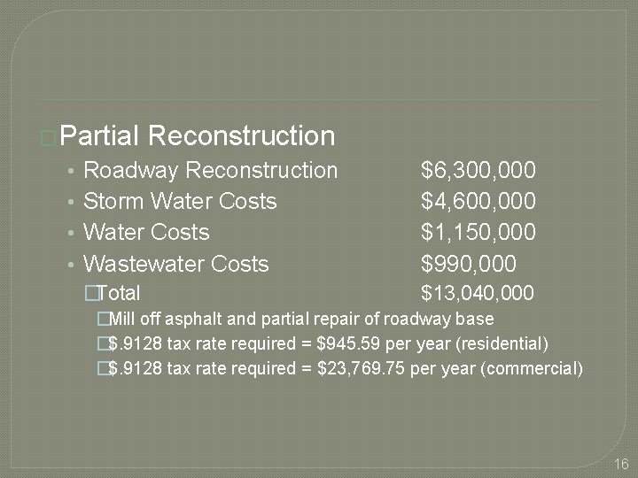 �Partial • • Reconstruction Roadway Reconstruction Storm Water Costs Wastewater Costs $6, 300, 000